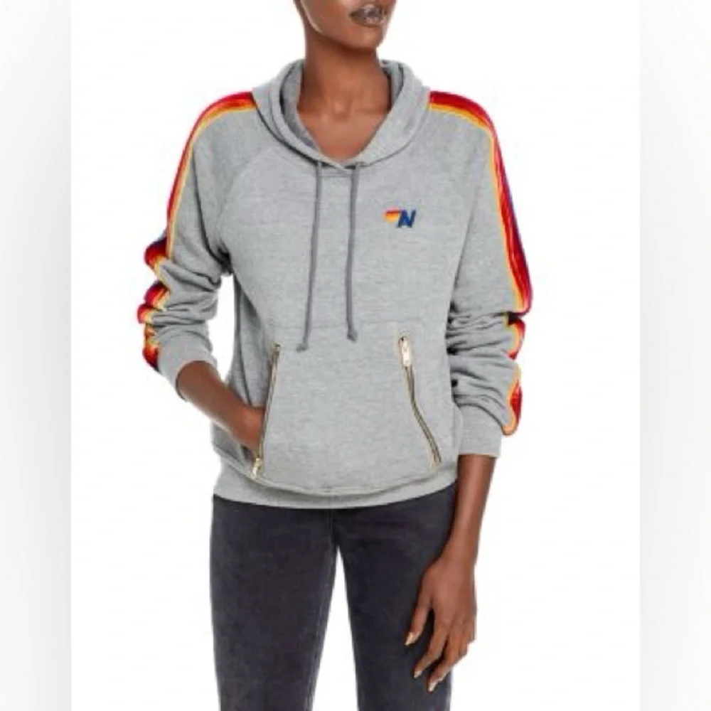 Aviator Nation XS Gray Pullover Hoodie Velvet Stripes - Picture 2 of 8